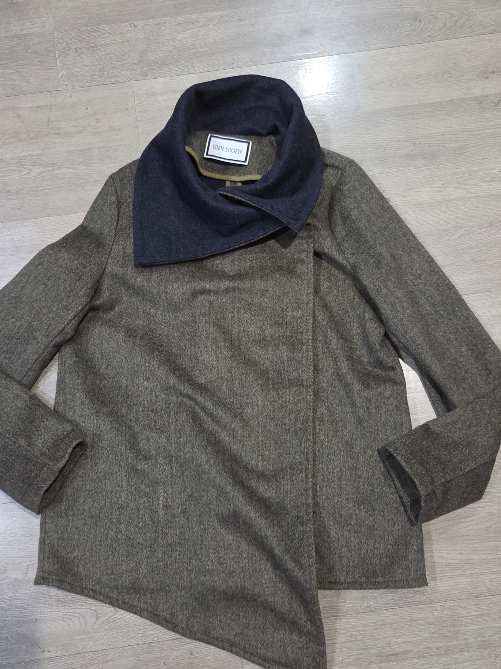 Eden Society Olive Pea Coat with Navy Funnel Collar